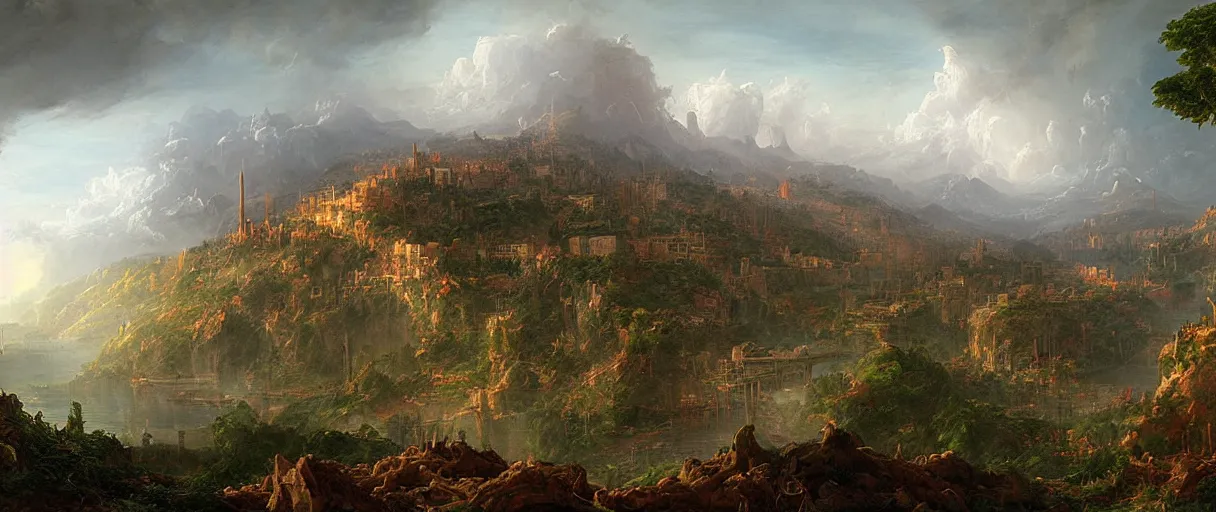 Prompt: a highly detailed painting of a post apocalyptic la in the style of thomas cole