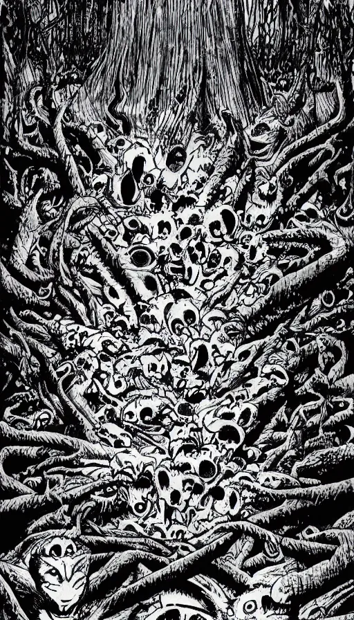 Image similar to a storm vortex made of many demonic eyes and teeth over a forest, by yoshihiro togashi