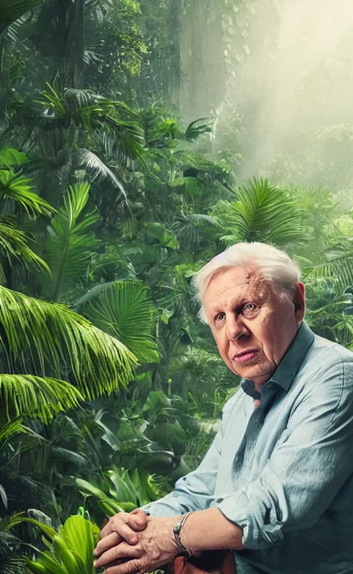 Image similar to Portrait of Sir David Attenborough with a lush tropical jungle in the background, splash art, movie still, cinematic lighting, dramatic, octane render, long lens, shallow depth of field, bokeh, anamorphic lens flare, 8k, hyper detailed, 35mm film grain