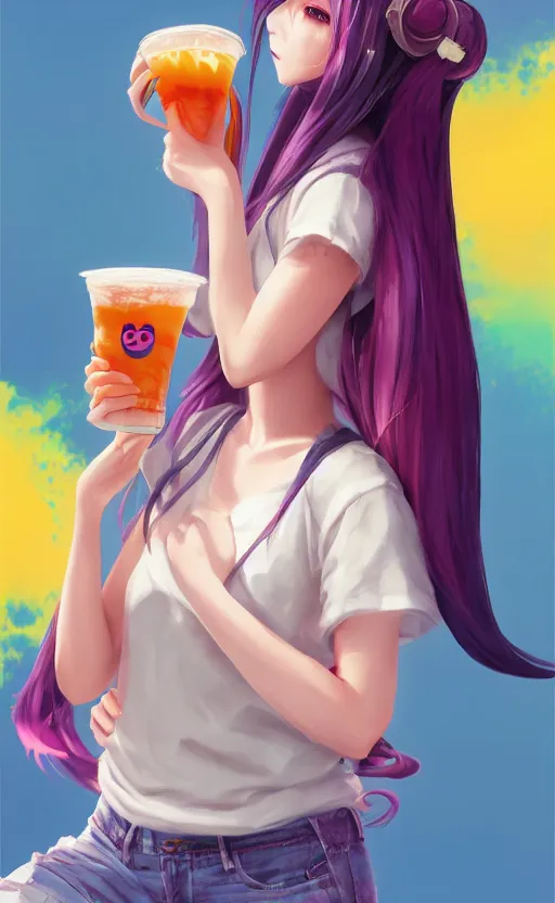 Image similar to a kawaii woman with rainbow hair, happy, summer time, holding boba tea drink, soft eyes and narrow chin, dainty figure, long hair straight down, kawaii shirt and jeans, basic white background, In style of by Jordan Grimmer and greg rutkowski, crisp lines and color