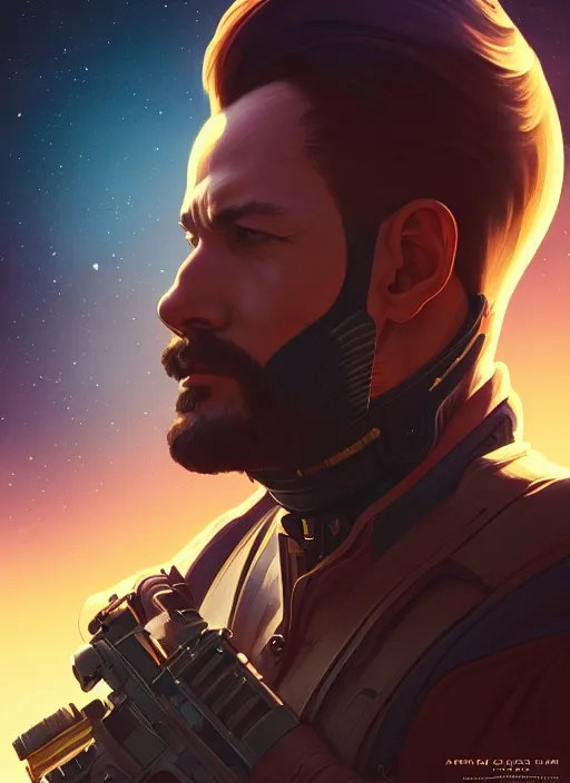 Prompt: side profile centered portrait, man with a gun, spaceship in the background, by artgerm, cushart krenz, miles johnstone, frames, west world show, arcane. art nouveau. gloomhaven, in style james jean, gaudy colors, sharp edges. poster, 8 k. elegant, intricate, octane render