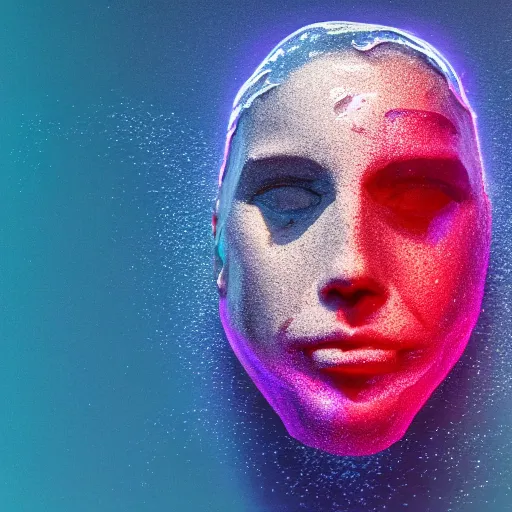 Image similar to water artwork manipulation in the shape of a human head stuffed in a bottle, on the ocean water, futuristic, glowing, gradient, hyper realistic, ray tracing, realistic water, sharp focus, long shot, 8 k resolution, cinematic, photoshop water art