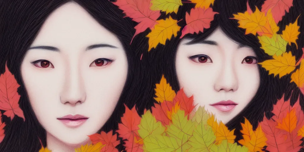 Image similar to detailed pastel colors portrait of a japanese woman made of autumn leaves, by artgerm, fine detail, 8 k