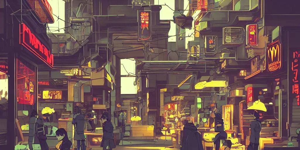 Image similar to a busy backalley cyberpunk mcdonalds by kirokaze