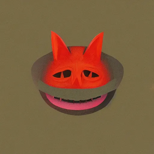 Prompt: Floating red cat head with an evil grin at nicht in the forest, thunderstorm, cover art