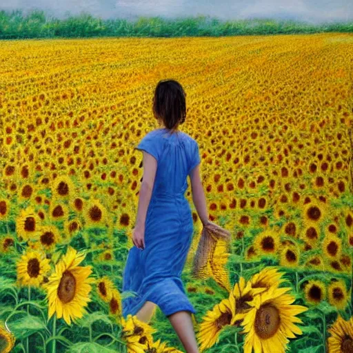 Prompt: a girl slowly walking through amazing tall sunflower field, her hair flowing down, subtle, intricate details, real masterpiece, oil on canvas, by somsak anong