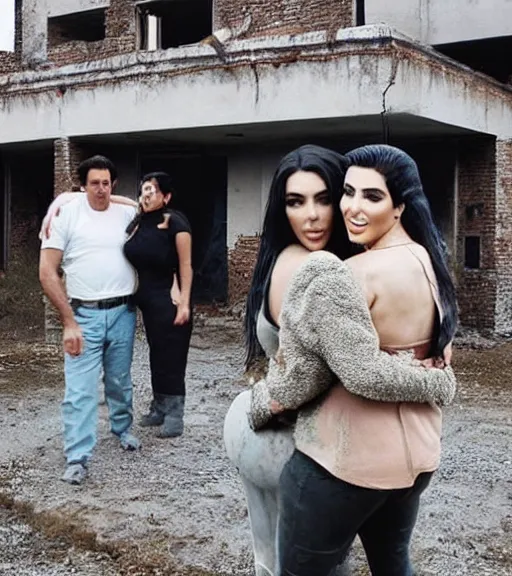 Image similar to Pablo Escobar hugging kim kardashian & kylie Jenner in a derelict mafia mansion