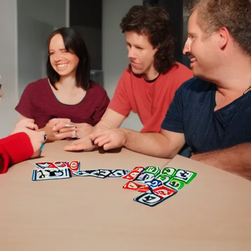 Prompt: photograph of people playing uno, realistic, award winning photo, 8k, hd