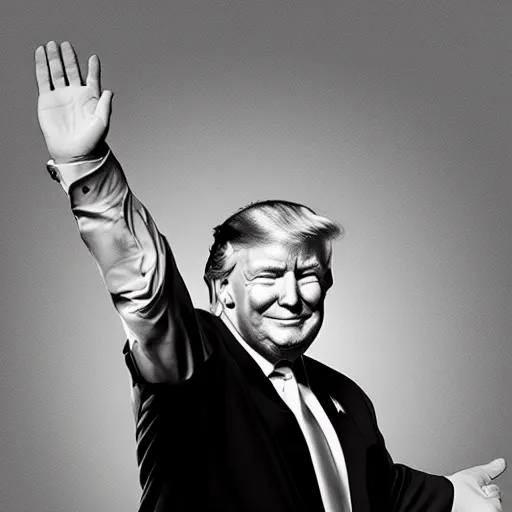 Image similar to a realistic portrait of Donald Trump with tiny hands, black and white photograph, hands are waving