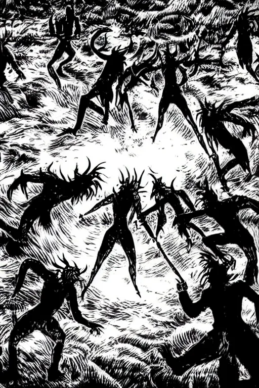 Prompt: demons attacking humans far away, fire, field, horror, trees, manga style,