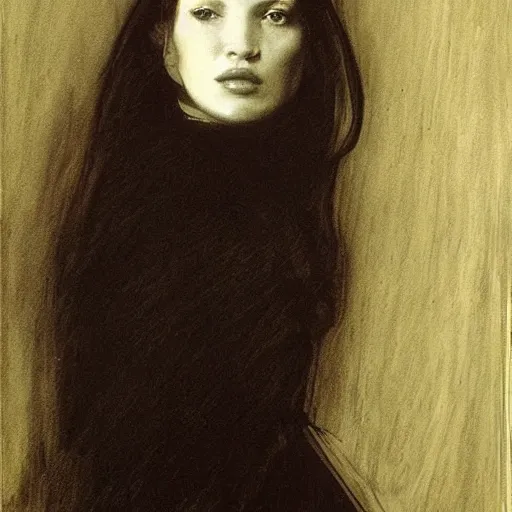 Prompt: charcoal portrait of kate moss by john singer sargent, jan van eyck