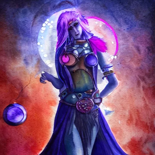 Image similar to Path of Exile, Maven, watercolour painting, female image with purple hair among colourful lights, dark blue spheres fly around, dark fantasy, steampunk, 4k,