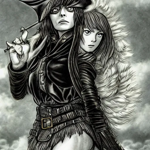 Prompt: Emma Stone as a pirate in the style of Berserk, by Kentaro Miura