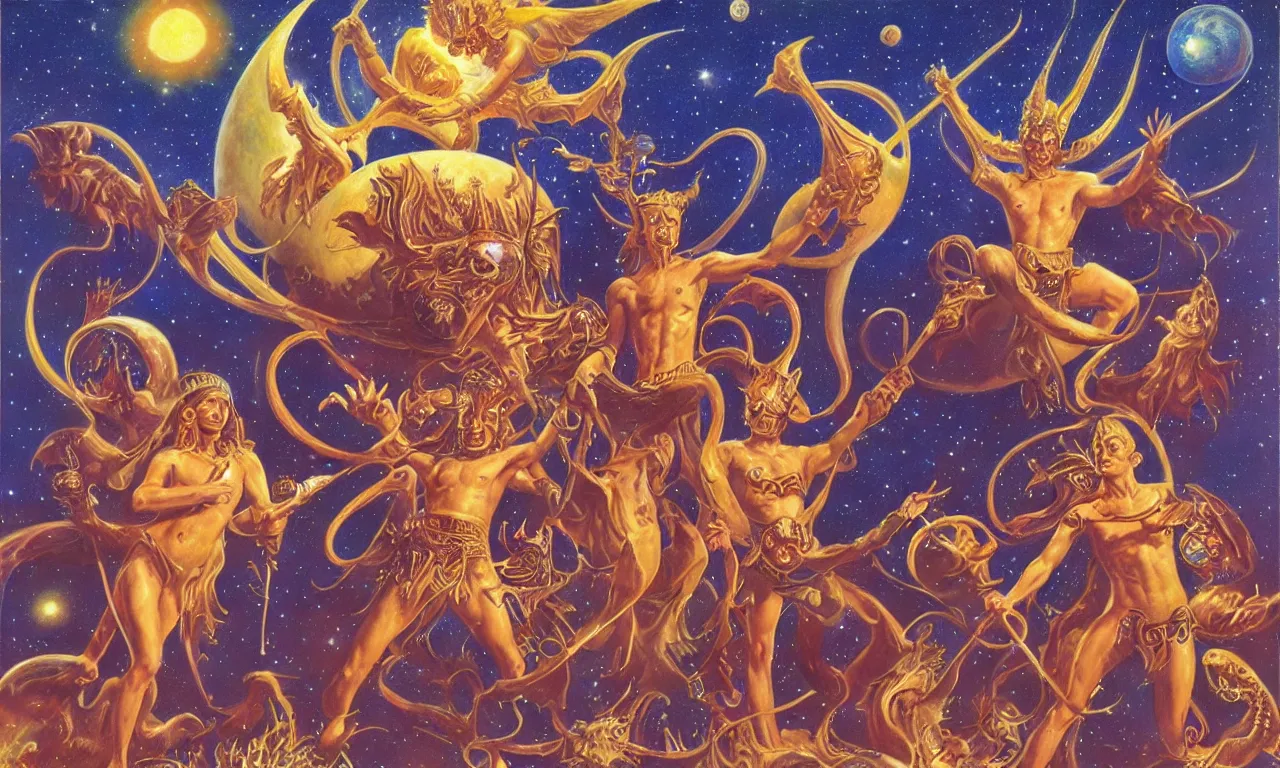 Prompt: sun king and moon boys in the cosmic court of mystical astronomy, art by boris vallejo and manuel sanjulian