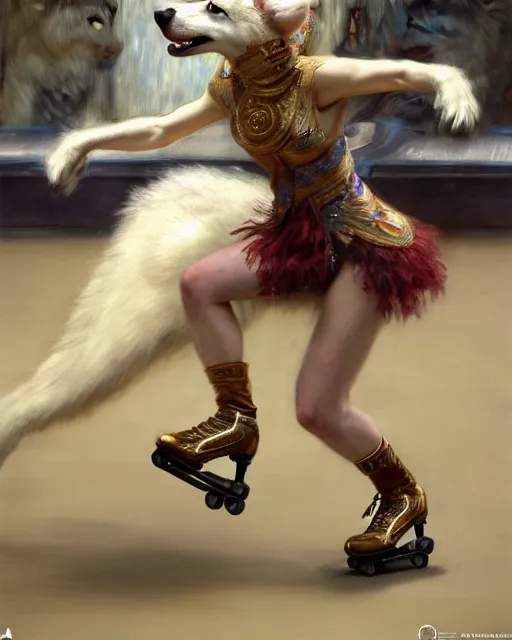 Prompt: white female anthro wolf skating at a roller derby, 4 k, trending on artstation, very expressive detailed face, energetic, action, motion blur, by gaston bussiere, craig mullins, j. c. leyendecker, gustav klimt, artgerm, greg rutkowski, alphonse mucha