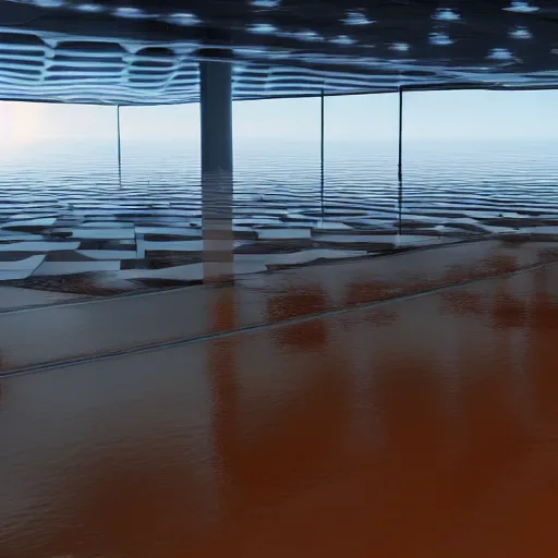 Image similar to photo of an airport, the floor is flooded with one meter deep water. eerie, volumetric lighting. highly - detailed 4 k