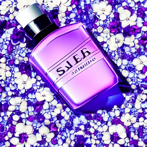 Image similar to perfume bottle surrounded by artistic, blurred blue and lilac flowers, white background, simple path traced, environment, sephora, dior