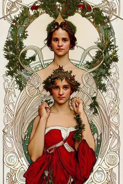 Image similar to realistic art nouveau style detailed portrait of alicia vikander wearing a holly wreath as a crown at christmas by alphonse mucha, charlie bowater, anddonato giancola art nouveau style, white red and green christmas colors