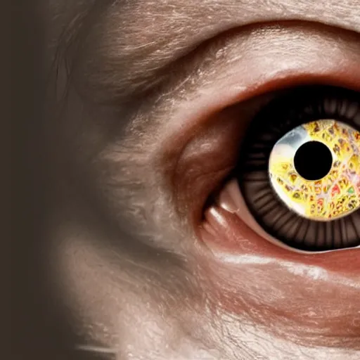 Image similar to a single eye ball connected to a broken skull by connective tissue and ligaments