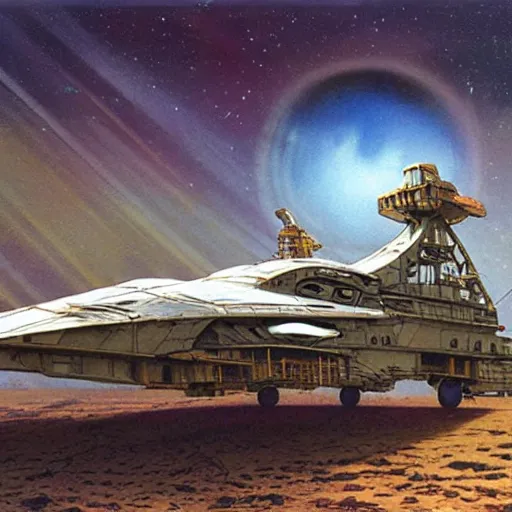 Image similar to scout spaceship with 100-ton hull used for exploration survey and courier duties, peter elson, chris foss, john berkey, tony roberts, jim burns, don davis