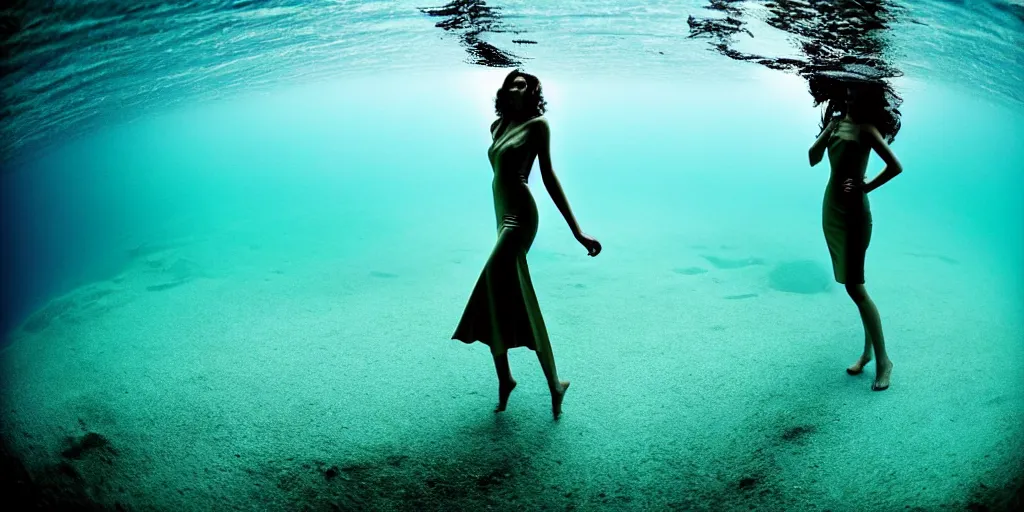 Image similar to underwater photography of beautiful model in flat dress by emmanuel lubezki