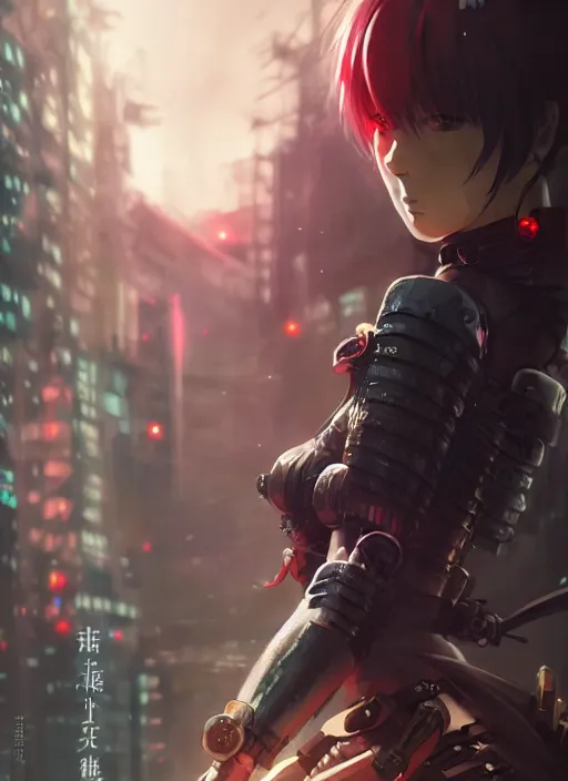 Image similar to very cool cyberpunk samurai girl, battle pose, laser swords, beautiful, detailed portrait, intricate complexity, concept art by krenz cushart, kyoto animation, wlop. 4 k, beautiful, cinematic dramatic atmosphere, sharp focus
