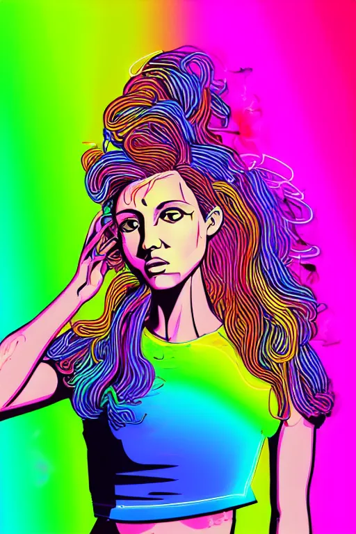 Image similar to a award winning half body portrait of a beautiful woman with stunning eyes in a croptop and cargo pants with rainbow colored ombre hairstyle head in motion and hair flying by thomas danthony, outlined by whirling illuminated neon lines, microphone, outrun, vaporware, shaded flat illustration, digital art, trending on artstation, highly detailed, fine detail, intricate