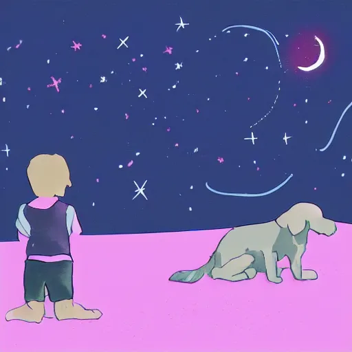 Prompt: a kid and a dog staring at the stars, digital art