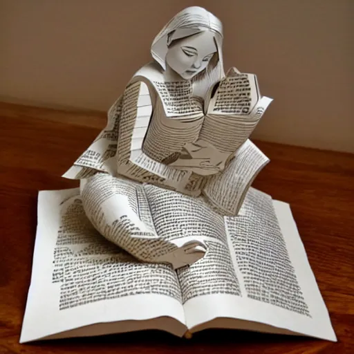 Image similar to cut paper sculpture of belle, reading a book