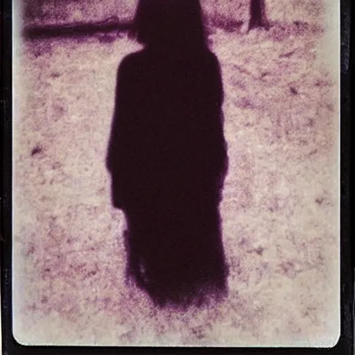 Prompt: a polaroid picture of a pale girl's spirit who doesn't know she's dead, corrupted photo, dreaded black dress, polaroid picture taken by gammell - horror masters - autocore