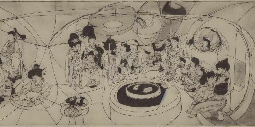 Image similar to Eating hot pot in the space station with Saturn outside the round window, in style of Tang Yin, Zhang Daqian, Yoshitomo Nara, surrealist