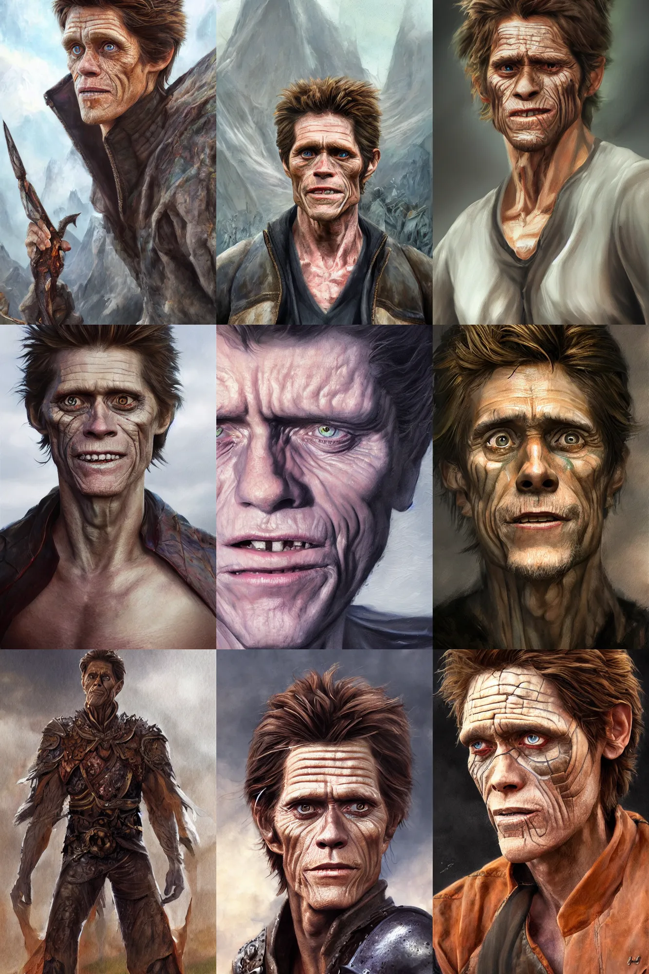Prompt: a full body high detail fantasy portrait oil painting illustration of a willem dafoe by justin sweet with face and body clearly visible, in a scenic background, pretty eyes, realistic proportions, d & d, rpg, forgotten realms, artstation trending, high quality, sombre mood, artstation trending, muted colours, entire person visible!