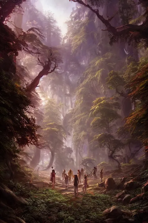 Image similar to a highly detailed matte painting of a group of young adventurers exploring elven ruins in a mystical forest, by studio ghibli, by artgerm, by wlop, by greg rutkowski, red tones, volumetric lighting, octane render, 4 k resolution, trending on artstation, masterpiece