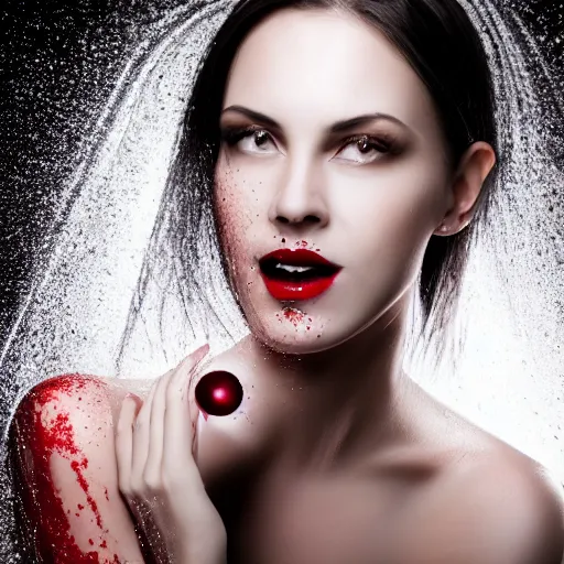 Prompt: professional headshot of an elegant female vampire smiling, the side of her face is sprayed with droplets of blood. high resolution, realistic, professional lighting, nikon camera, 8 k, imdb. com