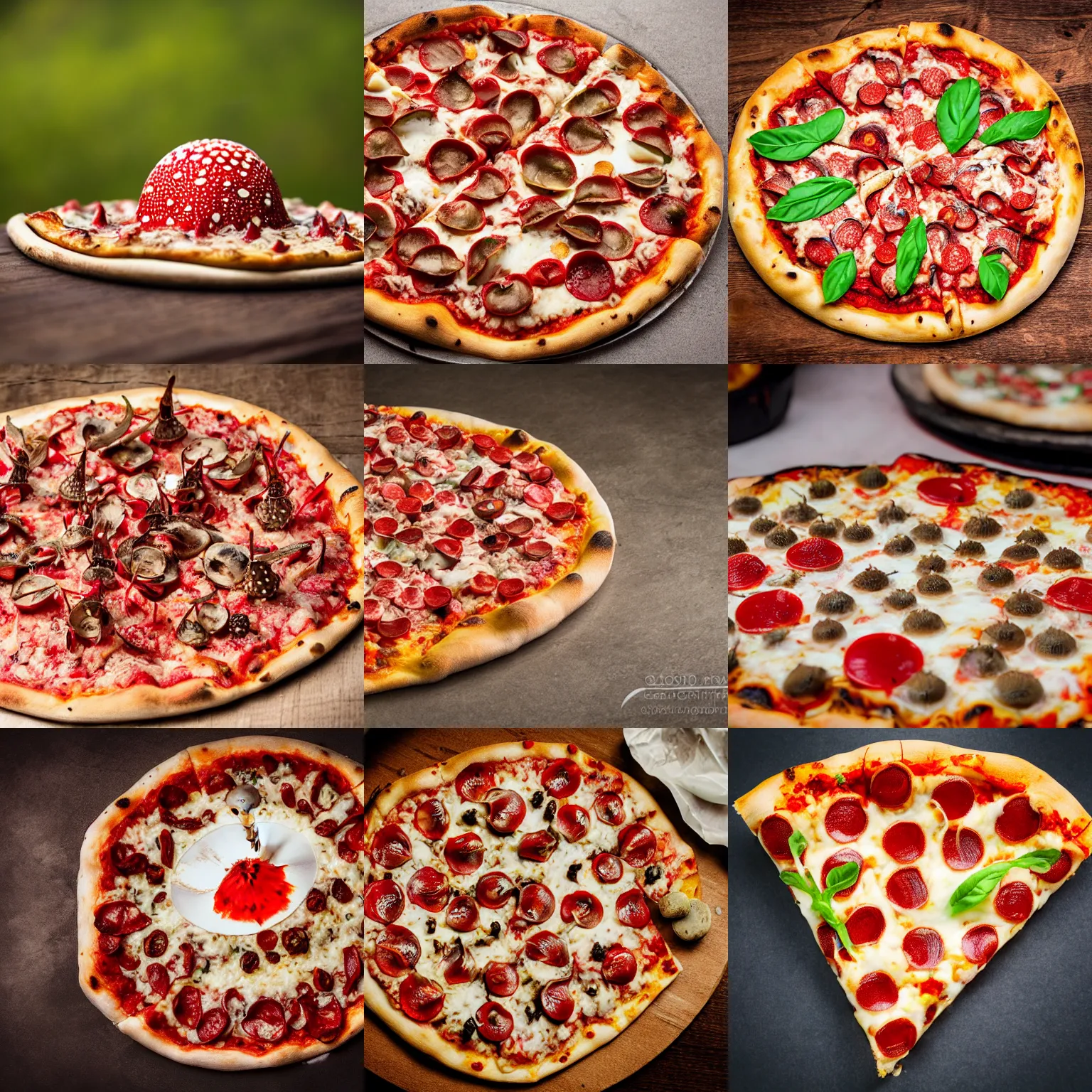 Prompt: spotted amanita muscaria on top of a pizza viewed from the side, ten spotted amanita muscaria, on a table, professional food photography