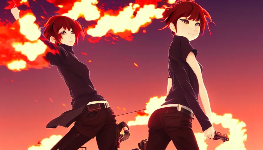 Image similar to makoto shinkai, artgerm, ilya kuvshinov, steampunk beautiful anime woman, red shirt brown pants, black and red hair hair, symmetrical face, symmetrical eyes, second anime woman with orange hair and black pants, action scene, shooting fire war, detailed, summer setting, cinematic lighting