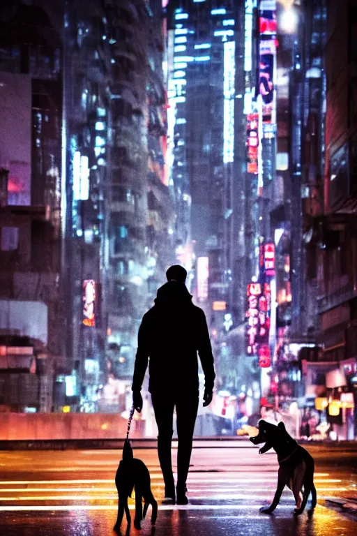 Image similar to sleek metallic cyborg, walking a german shepard, futuristic tokyo cityscape, rain, neon signs, nighttime, no blur, high detail, cinematic