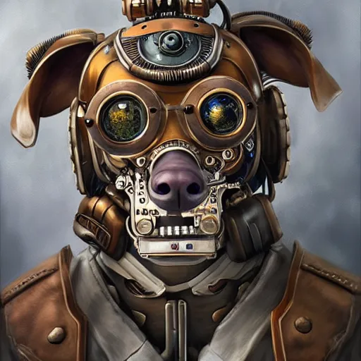 Image similar to portrait painting of a steampunk cyborg dog, transhumanism, ultra realistic, concept art, studio ghibli, intricate details, eerie highly detailed