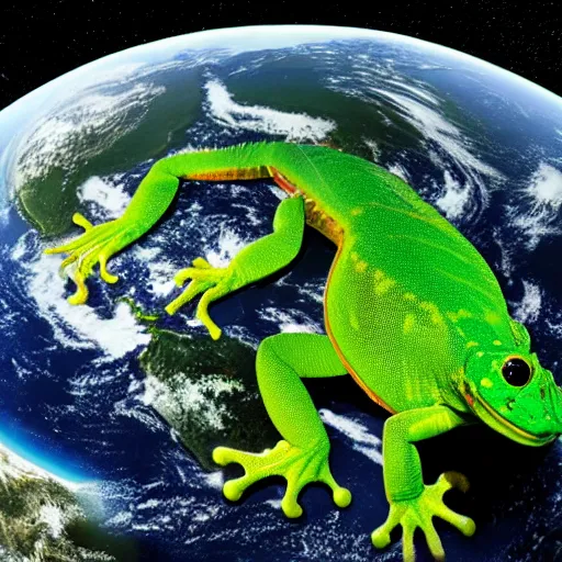 Prompt: an enormous green gecko hugging planet earth, space background