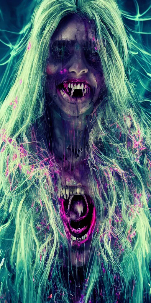 Image similar to impossibly beautiful vampire with large vampire fangs, full body, intricate complexity, horror, psychedelic glitch art, rainbow drip paint, trending on art station, photoreal, 8k, octane render