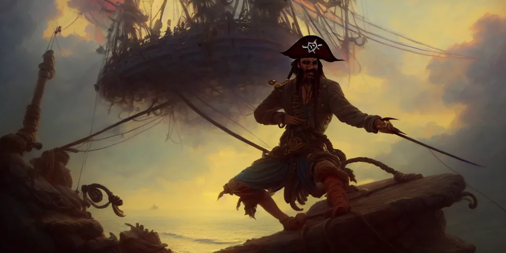 Image similar to a pirate standing on the nose of the ship commanding to his crew to attack another ship, psychedelic mushroom colors everywhere, extremely detailed digital painting, in the style of fenghua zhong and ruan jia and jeremy lipking and peter mohrbacher, mystical colors, rim light, beautiful lighting, 8 k, stunning scene, raytracing, octane, trending on artstation