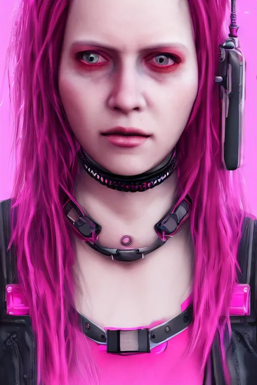 Prompt: detailed realistic female character cyberpunk wearing thick technological , pink hair, pulp style collar around neck, realistic, art, beautiful, 4K, collar, choker, collar around neck, punk, artstation, detailed, female, woman, choker, cyberpunk, neon, punk, collar, choker, collar around neck, thick collar, tight around neck, punk,