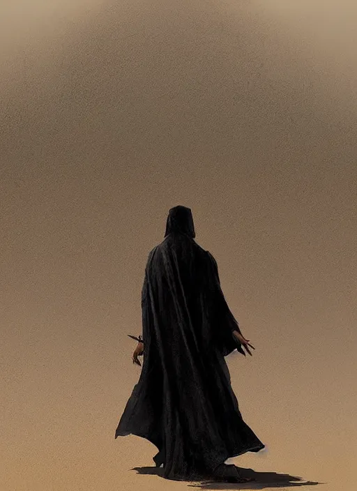 Prompt: a dark matter god walking in a desert wearing a black robe by greg rutkowski and artgem, detailed, digital art, trending on artstation, hyper - realistic