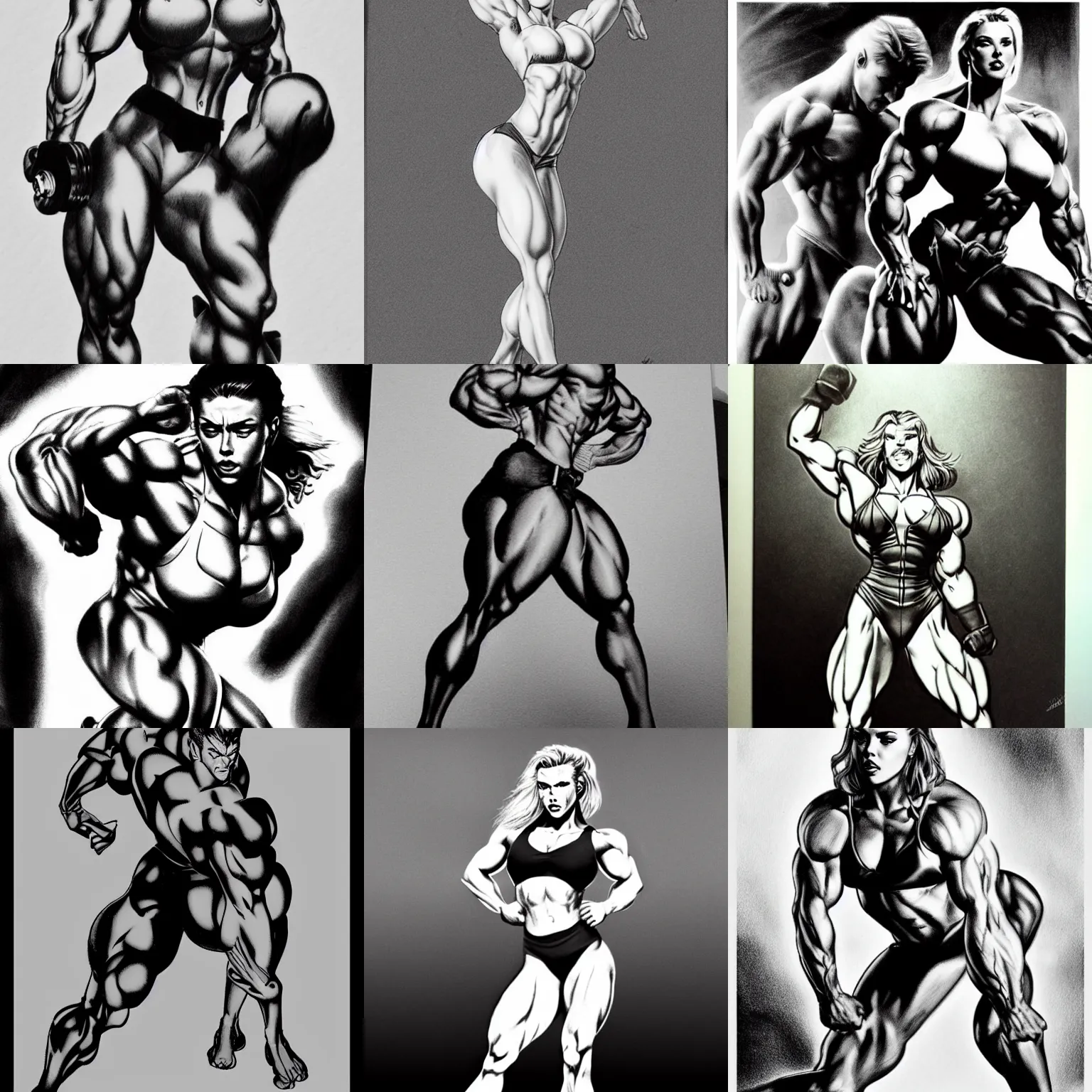 Prompt: scarlett johansson as body builder, frank frazetta and baki anime style, realistic black and white, most muscular pose, pencil and ink, dramatic lighting, full body profile