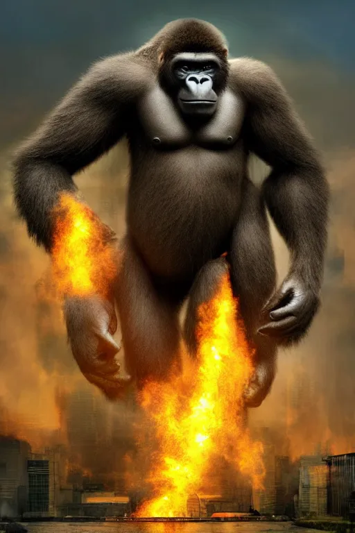 Image similar to concept art of huge gorilla be gorilla on burning tokyo city, cinematic composition, perfect lighting, art station trending