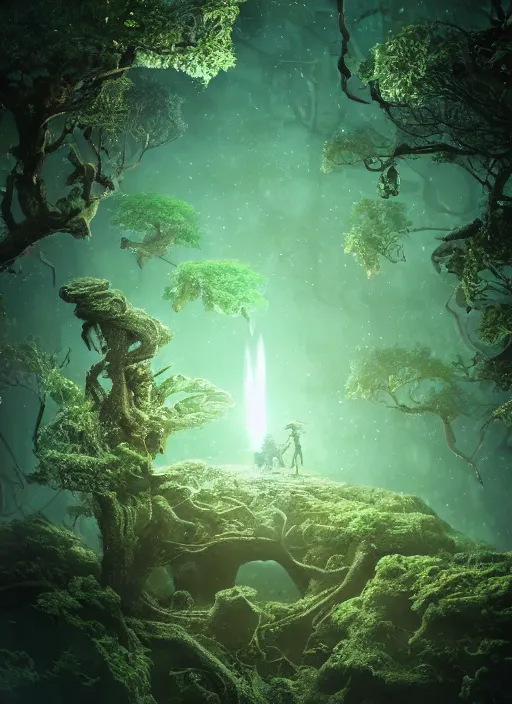 Image similar to friendly Tree Ent on a bioluminescent biome of oddities, oddities everywhere, enchanted, magical, cinematic shot, intricate, ornate, photorealistic, ultra detailed, realistic, 100mm, photography, octane, high definition, depth of field, bokeh, 8k, behance, artstation
