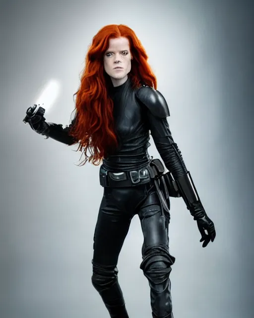 Prompt: rose leslie portraying a beautiful mara jade from star wars legends, beautiful rose leslie mara jade, in a black suit, without lightsaber, movie, hyper realistic, hollywood promotional image, imax, 8 k