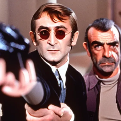 Prompt: john lennon pointing a gun at sean connery, james bond, film still