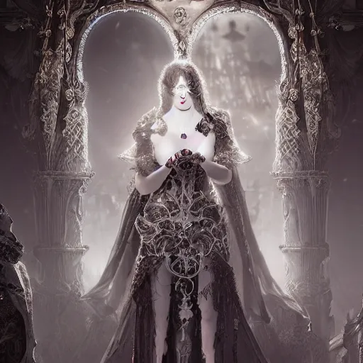 Image similar to female gothic robots with heart organ, dressed in white intricate baroque lace, veils and jewels, epic environment, matte painting, diffused lighting, highly detailed, cinematic, epic atmosphere, digital art, trending on artstation, wide angle