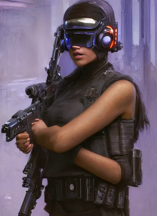 Image similar to 🧕🏾. cyberpunk police trooper in a military vest ( blade runner 2 0 4 9, cyberpunk 2 0 7 7 ). orientalist portrait by john william waterhouse and james gurney and theodore ralli and nasreddine dinet, oil on canvas. cinematic, hyper realism, realistic proportions, dramatic lighting, high detail 4 k